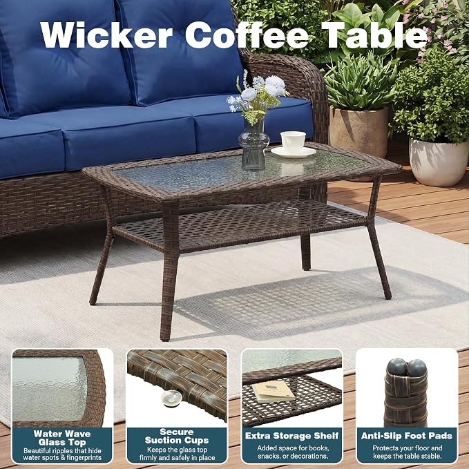 Patio Furniture Set, 12PCS Outdoor Wicker Conversation Set with 6" Thick Cushions, High Back Rattan Sofa & Swivel Rocker Chairs, Weather Resistant Olefin Fabric for Garden, Poolside, Navy Blue