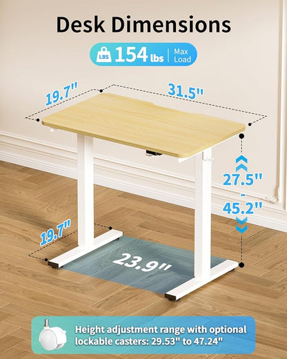 Okin Electric Standing Desk 31.5x19.7 Inches Small Computer Desk-Whole Piece Stand up Desk with Wheels Gaming Rolling Home Office Desks, Oak
