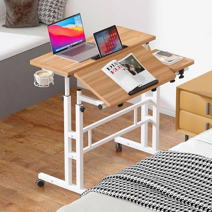 SogesHome 31.5 inch Mobile Standing Desk Adjustable Computer Desk Rolling Laptop Cart Portable Laptop Stand on Wheels Home Office Workstation with Cup Holder,Headphone Holder, Upgrade Oak