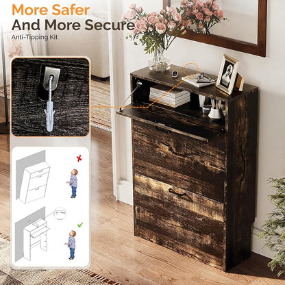 VINGLI Set of 2 Dark Rustic Oak Shoe Cabinet for Entryway, 2-Pack Ultra Slim Shoe Organizer with 2 Flip & 1 Drop-Down Drawers, 24.8" W Narrow Shoe Cabinet for Front Door, Modern Dark Wood Shoes Rack