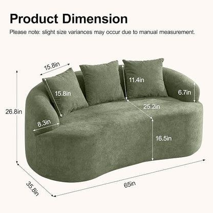65" Curved Loveseat Sofa, Deep Seat Love Seat Couches with 3 Throw Pillows, Modern 2 Seater Boneless Curved Couch, Compressed Floor Sofa for Living Room Small Spaces, No Assembly, Green