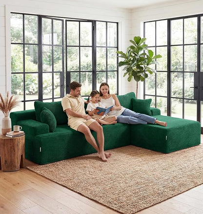 Hobestluk Modular Sectional Sofa Couches L-Shape Couch 3 Seat Modular Sofa Memory Foam Sectional Couches for Living Room, Cloud Couch with Oversized Chaise (Green Corduroy, 96", Right Hand Facing)