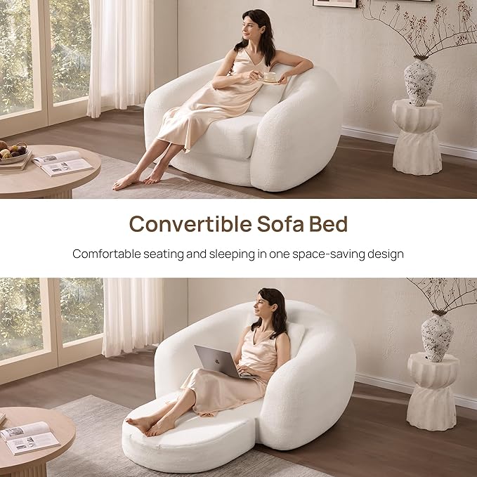 SICOTAS 90.6" Curved Convertible Sofa Couch Bed for Living Room Futon Cloud Boneless Sleeper Sofa Pull Out Floor Couch with Deep Seat Modern 3 Seater Foam Bed No Assembly for Bedroom Apartment, White