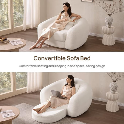 SICOTAS 49.9" Curved Convertible Sofa Couch Bed for Living Room Futon Cloud Boneless Sleeper Chair Pull Out Floor Couch with Deep Seat Single Sofa Foam Lounger No Assembly for Bedroom Apartment, White