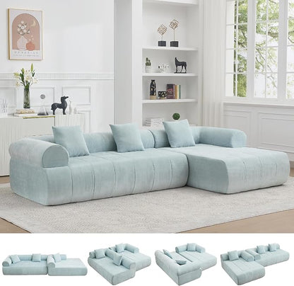 119" Boneless Curved Sofa Couch, 3 Seat Cloud L Shaped Deep Seat Couches for Living Room, No Assembly Modular Sofa with Right Chaise Lounge, Blue