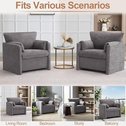 Oversized Accent Chair for Living Room, 32.68" Large Modern Armchair with Deep Seat, Mid-Century Comfy Reading Chair with Padded Arms, Chenille Single Sofa Chairs for Bedroom, Light Grey