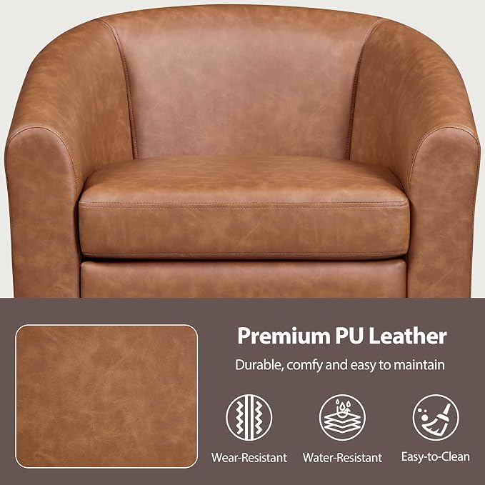 Topeakmart Accent Chair, PU Leather Modern Barrel Chair Club Armchair with Soft Padded for Living Room Bedroom, Brown