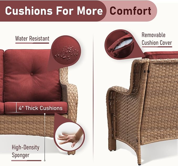 Outdoor Wicker Couch-Outdoor Couch All Weather PE Wicker Patio Sofa Outdoor Sofa Deep Seating for Porch Deck Backyard-Yellow/Red