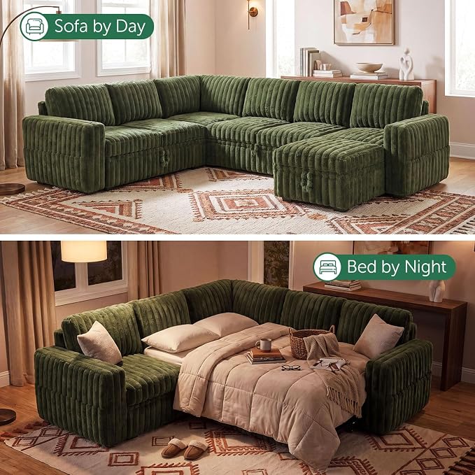 HONBAY Plush Corduroy Modular Sectional Sofa with Pull Out Bed, Convertible U Shaped Couch with Storage,Sleeper Sectional Couches for Living Room,Plush Green