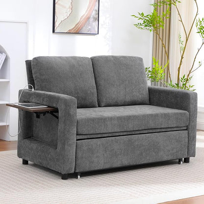 3 in 1 Folding Convertible Sleeper Sofa Bed Pull Out Couch with Side Pockets USB Port Side Table Loveseat Sofa Bed with Adjustable Backrest for Living Room Bedroom 66" Darkgrey 2 SEAT