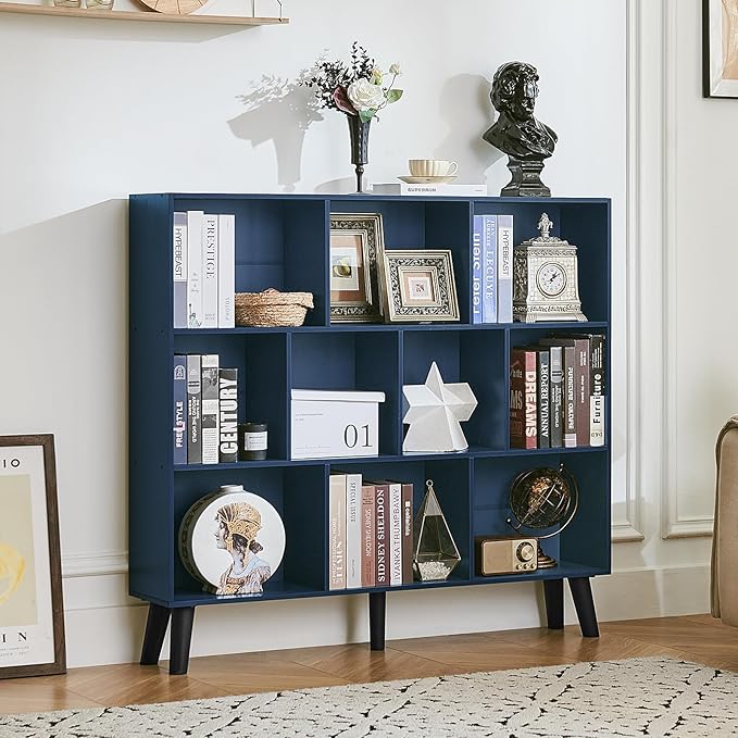 LEYAOYAO 10 Cube Bookshelf,3 Tier Modern Wide Bookcase with Legs,Mid-Century Wood Bookshelves Storage,Dark Blue Large Book Case,Freestanding Organizer Display Shelf for Bedroom,Living Room,Office