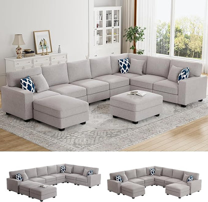 Legend Vansen Oversized Modular Sectional Sofa,U/L‑Shaped Reversible Couch with Ottoman,Deep Seat Plush Polyester Sofa for Living Room,9‑Seater,Light Grey