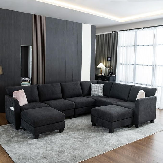 122.8" Large Sectional Couches for Living Room, 6 Seater L Shaped Modular Sectional Sofa with Two Storage Ottomans & USB, Oversized Corner Couch for Living Room（Black）