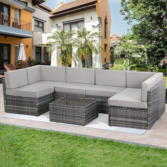 U-MAX 7 Piece Outdoor Patio Furniture Set, PE Rattan Outdoor Wicker Sectional Furniture Chair Set with Cushions and Tea Table, Grey Rattan and Grey Cushion