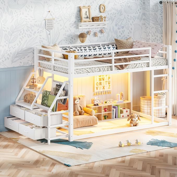 Bellemave Twin Over Twin Bunk Bed with Storage Shelves & 4 Drawers,Heavy Duty Metal Bunk Bed for Teens with LED Lights, Low Bunk Beds for Kids with Guardrails & Ladder, No Box Spring Needed, White