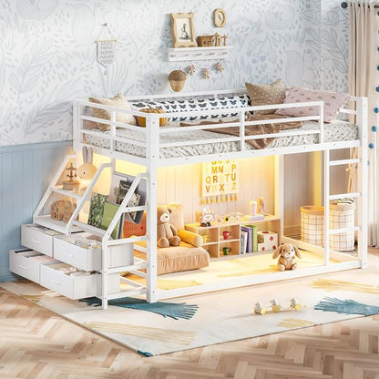 Bellemave Twin Over Twin Bunk Bed with Storage Shelves & 4 Drawers,Heavy Duty Metal Bunk Bed for Teens with LED Lights, Low Bunk Beds for Kids with Guardrails & Ladder, No Box Spring Needed, White