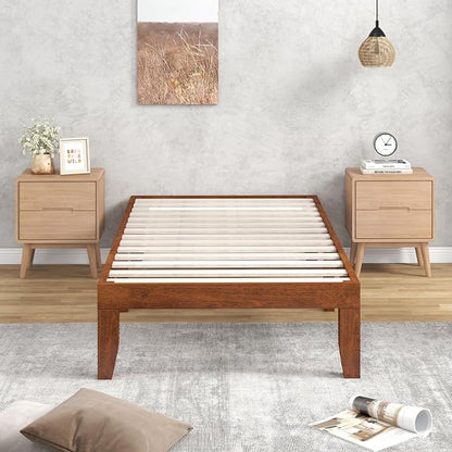 COSTWAY Wood Platform Bed Frame, 14 Inches Solid Rubber Wood Bed Mattress Foundation with Sturdy Slats Support, Easy Assembly Bed Frame for Home Hotel, No Box Spring Needed (Walnut, Twin)
