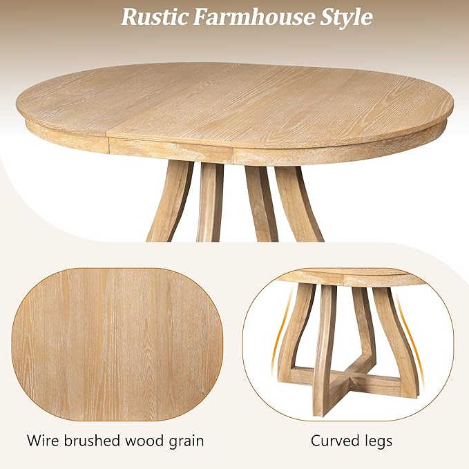 LUMISOL 42"-58" Extendable Round Dining Table for 4-6, Farmhouse Kitchen Table with 16” Middle Leaf and Curved Table Legs for Kitchen, Dining Room, Apartment, Natural Wood Wash