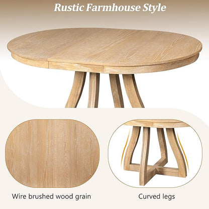 LUMISOL 42"-58" Extendable Round Dining Table for 4-6, Farmhouse Kitchen Table with 16” Middle Leaf and Curved Table Legs for Kitchen, Dining Room, Apartment, Natural Wood Wash