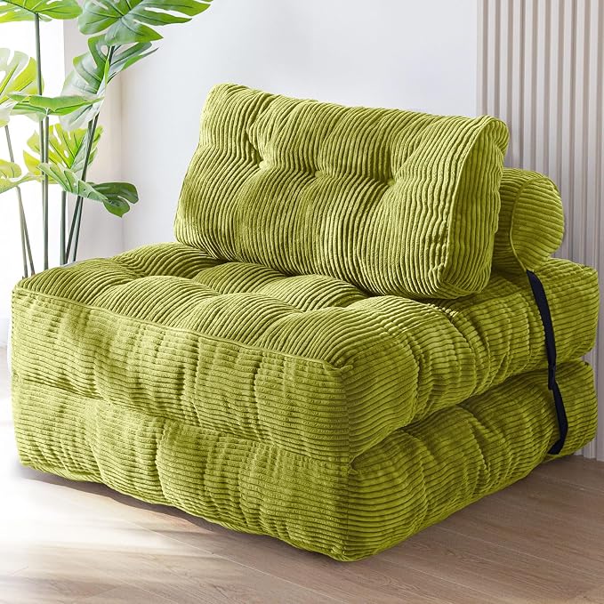 MAXYOYO Folding Sofa Bed, Convertible Chair with Pillow Foldable Couch with Back Support, Portable Fold Out Chair Bed Comfy Floor Sofa Lounge for Living Room Bedroom, Beige, Green