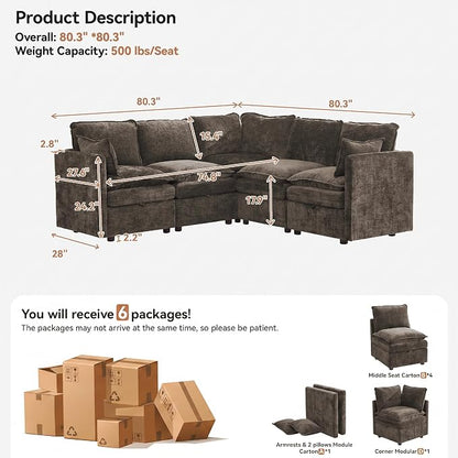 80" Brown Modular Storage Sofa, V Shaped Chenille Cloud Couch with Armrest | Oversized Convertible Sectional Sofa, 5-Seat Sectional Couch With Armrests, Large Cloud Couch For Living Room, Apartment.