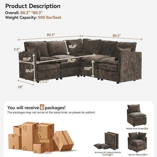 80" Brown Modular Storage Sofa, V Shaped Chenille Cloud Couch with Armrest | Oversized Convertible Sectional Sofa, 5-Seat Sectional Couch With Armrests, Large Cloud Couch For Living Room, Apartment.