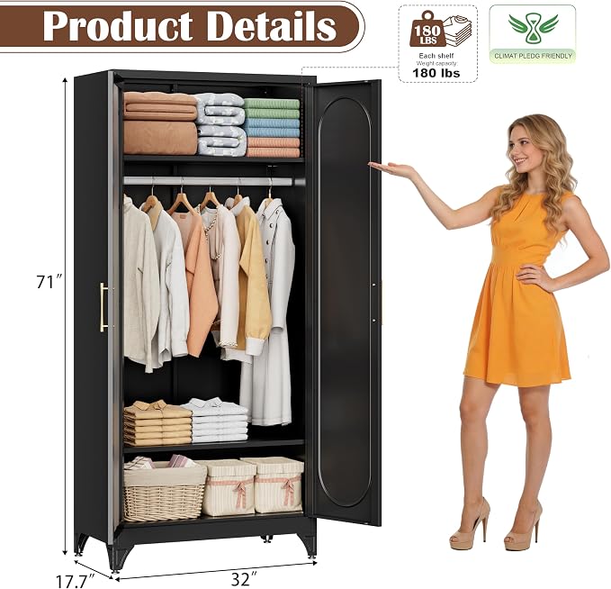 SteeLoong Metal Wardrobe Cabinet with Hanging Rod, 71" Tall Armoire Wardrobe Closet with Mirror Doors and Adjustable Shelves, Black Clothing Storage Cabinets for Bedroom, Laundry Room,Office