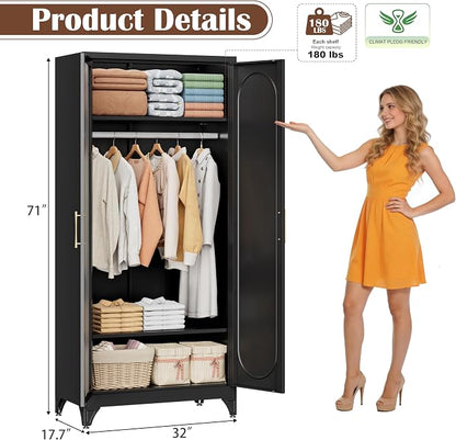 SteeLoong Metal Wardrobe Cabinet with Hanging Rod, 71" Tall Armoire Wardrobe Closet with Mirror Doors and Adjustable Shelves, Black Clothing Storage Cabinets for Bedroom, Laundry Room,Office