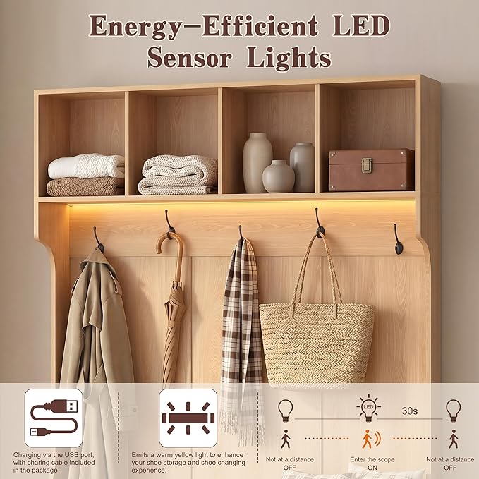 Hall Tree with Bench and Shoe Storage, 5-in-1 Entryway Coat Rack with LED Sensor Light, Hooks and Storage Cubes, Shoe Cabinet with Fluted Door, Modern Hall Tree for Entryway, Living Room