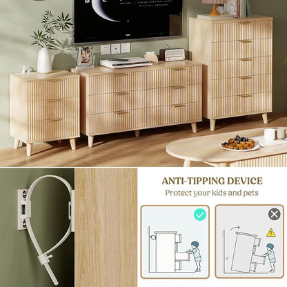 Lulive Dresser for Bedroom Wood Tall Dressers Drawers, Fluted Modern Dresser 5 Drawers Natural
