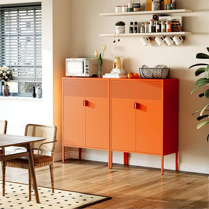 COFaR Orange Metal Storage Cabinet, 47”H Vibrant Coffee Bar & Buffet Sideboard with Adjustable Shelves, Fun Kitchen Organizer, Ventilated Steel Cabinet with Magnetic Doors for Dining Room, Office