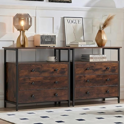 Edbuosy 3 Wooden Drawers Night Stand, 27 Inch Wide Nightstand Set 2 with Charging Station and Adjustable Drawers, Small Dresser for Closet, Bedside Table for Living Room/Bedroom/Office, Retro Brown