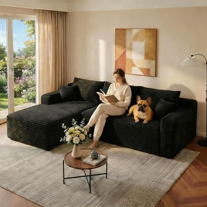 JINGLING 94" L Shape Couch with Left Chaise, Memory Foam Boneless Sectional Sofa in a Box, No Assembly Modular Small Couches for Small Spaces, Living Room, Apartments, Plush Corduroy, Black