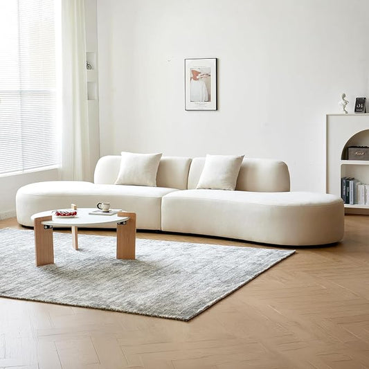 Container Furniture Direct 132" Curved Sofa with Throw Pillows, 6 Seater Luxury Velvet Couch with Half Moon Design and High-Density Foam, Ideal for Modern Living Room, Office & Apartment, Ivory