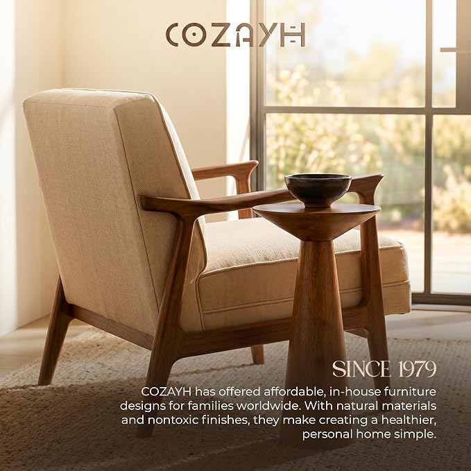 COZAYH 22.8” Tall Round Martini End Table, Walnut – Solid Pine Wood Pedestal Accent Drink Stand with Tapered Base – Farmhouse Modern Furniture for Living Room, Bedroom & Small Spaces