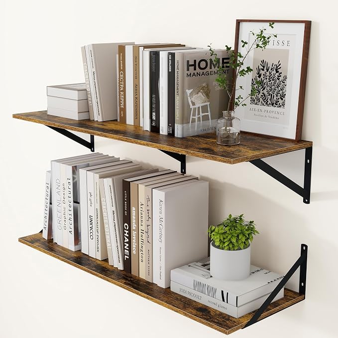 Heimlove Deep Floating Shelves for Wall, 36W x 12D Wood Wall Shelves Set of 2, Wide Floating Bookshelf for Living Room, Kitchen, Office, Bedroom and Decor Storage, with Metal Bracket - Rustic Brown
