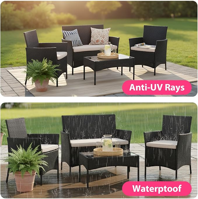 FDW Rattan Furniture Wicker Chair Patio Bristo Set for Outdoor Indoor Use with Loveseats Coffee Table,Khaki Cushion, 4-Pieces