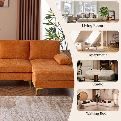 Karl home Convertible Sectional Sofa 110" U-Shape Sofa Couch 4-Seat Couch with Chaise ChenilleFabric Upholstered for Living Room, Apartment, Office, Orange