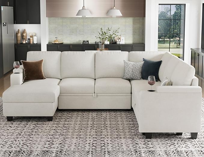 Belffin Sleeper Sofa Modular Sectional Pull Out Couch Bed U Shaped Sofa Couch for Living Room with Storage Chaise. White