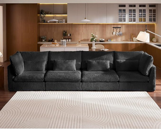 154" Oversized Corduroy Couch Modular Sectional Sofa, Washable Cloud Couch Sectional, 4 Seater Sectional Couches for Living Room, Fully Cover Removable, Basic 4 Seater, Corduroy, Black