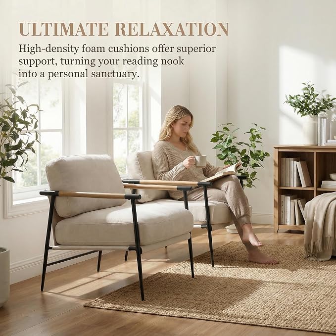 DUOMAY Mid-Century Modern Accent Chairs Set of 2 - Soft Linen Upholstered Lounge Reading Chair for Bedroom - Comfy Lightweight Livinig Room Chairs - Beige