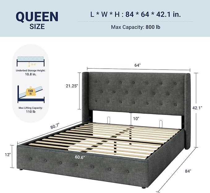 Allewie Queen Size Lift Up Storage Bed, Button Tufted Headboard with Wingback, Hydraulic Support, No Box Spring Needed, Dark Grey