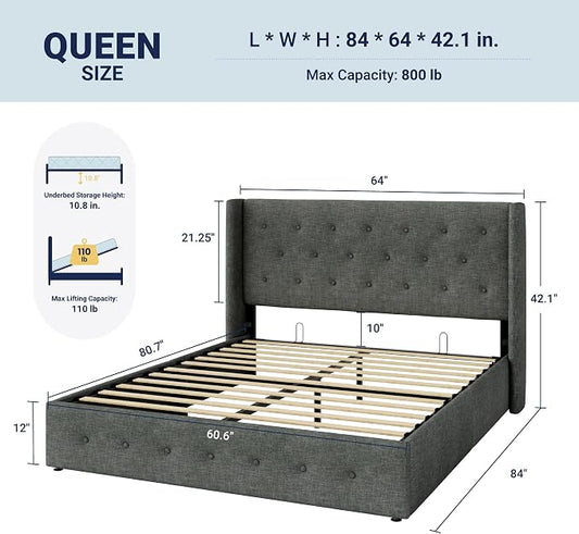 Allewie Queen Size Lift Up Storage Bed, Button Tufted Headboard with Wingback, Hydraulic Support, No Box Spring Needed, Dark Grey