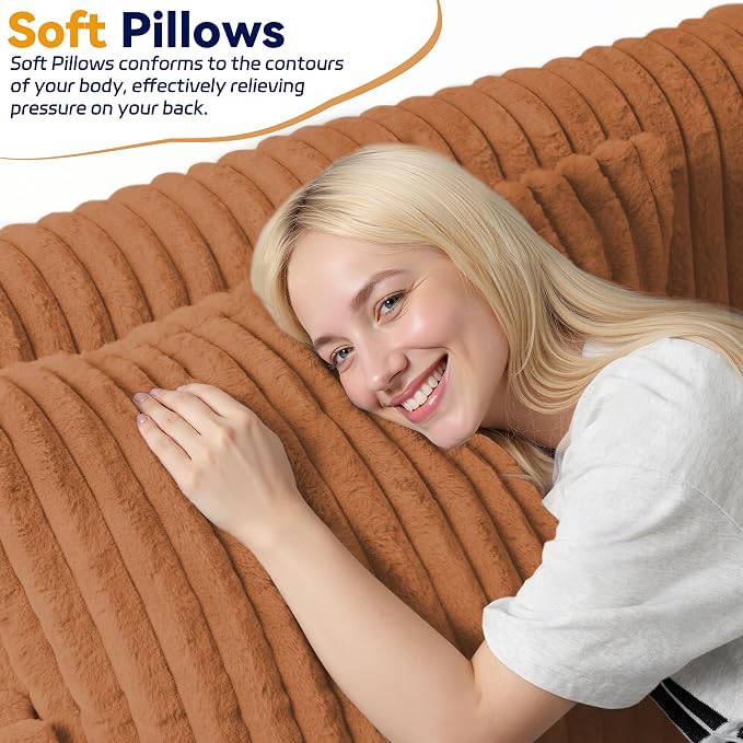 HABUTWAY 68" Loveseat Boneless Couch, 4-in-1 Convertible Sofa Bed, Plush Fur Folding Futon Sofa Bed Couches with 2 Pillows for Living Room, High-Density Foam Support, No Assembly Required, Orange