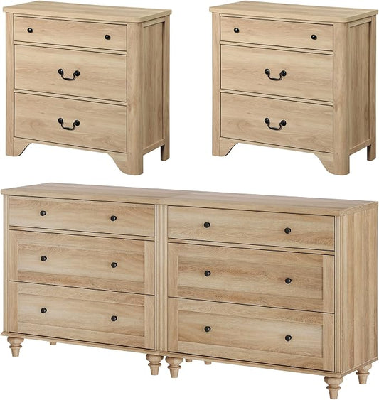 WAMPAT 4 Piece Bedroom Set - Includes Farmhouse 3 Drawer Storage Dressers, Set of 2 Nightstands with 3 Drawers, Dresser and Nightstand Sets, Oak