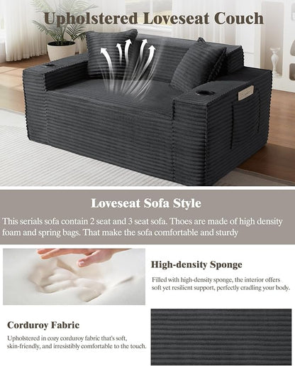 61" Boneless Sofa Couches with Cup Holder,2 Seat Loveseat Sofas with Side Pocket for Compact Living Rooms, Apartments (Deep Gray, Loveseat Sofa)