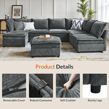 HULALA HOME Oversized Modular Sectional Sofa, 8 Seat U Shaped Couch with Storage Ottoman, Comfy Chenille Sofa with Deep Seat, Convertible Sectional Couches for Living Room, Grey