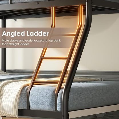 SogeSleep Bunk Beds Twin Over Full Size, More Sturdy Heavy Duty Metal Bunk Bed with Angled Ladder for Teens and Adults, Used for Spaces-Saving, Apartment or Dorm, Noise Free & Easy Assembly, Black
