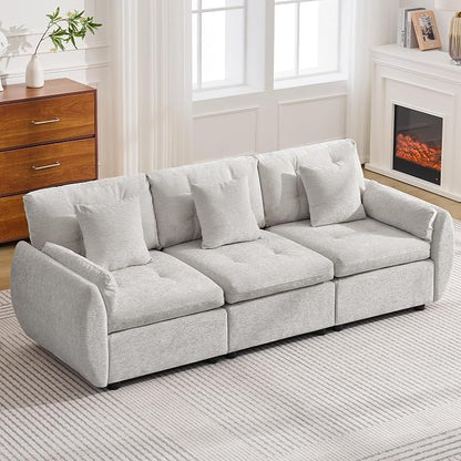84" Modular Cloud Sofa, Deep Seat Tufted Chenille 3-Seater Sectional Couch with Curved Arms, Comfy Sofas for Living Room, Light Grey