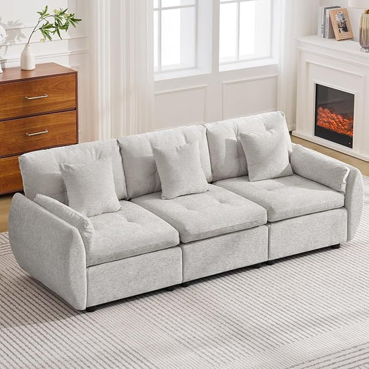 84" Modular Cloud Sofa, Deep Seat Tufted Chenille 3-Seater Sectional Couch with Curved Arms, Comfy Sofas for Living Room, Light Grey
